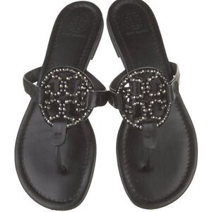 Tory Burch Miller Sandals – Black Leather with Crystal Logo (Size 8)